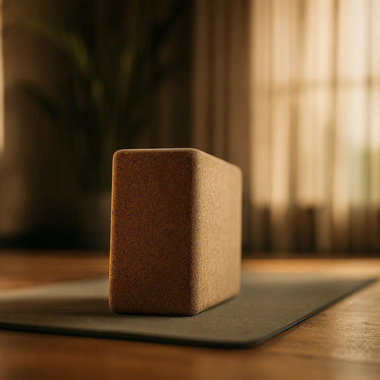 Uso de bloque de corcho para apoyo en posturas de yoga, accesorio antideslizante y sustentable para mejorar la flexibilidad y el equilibrio.