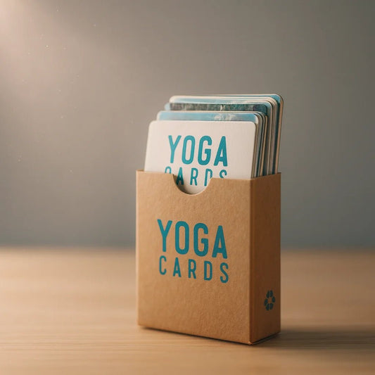 Cerca de carta de yoga mostrando alineación de postura, nombre en sánscrito y beneficios para la salud