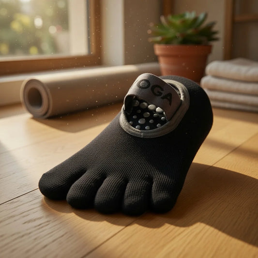 Calcetines para pilates negros con dedos separados y agarre de silicona.