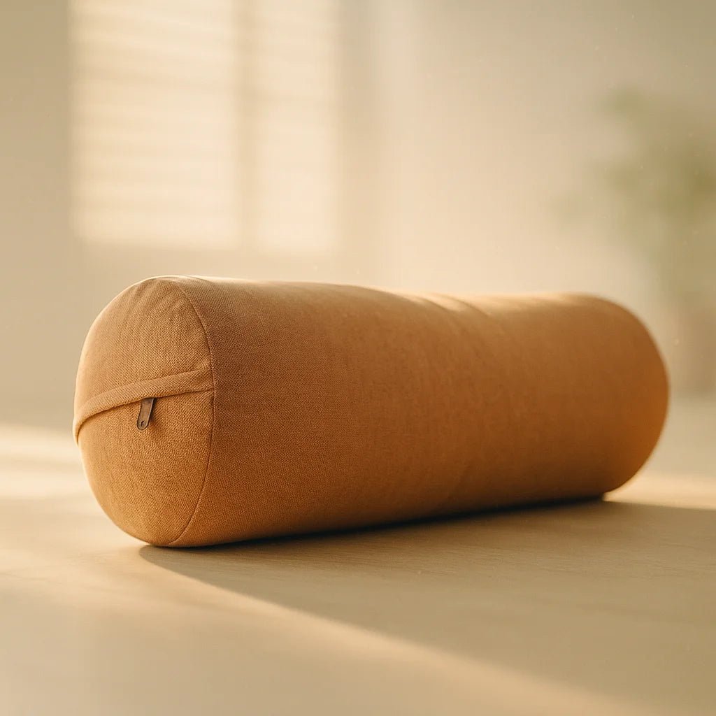Cojín cilíndrico de yoga premium lino afelpado beige con asa de transporte.