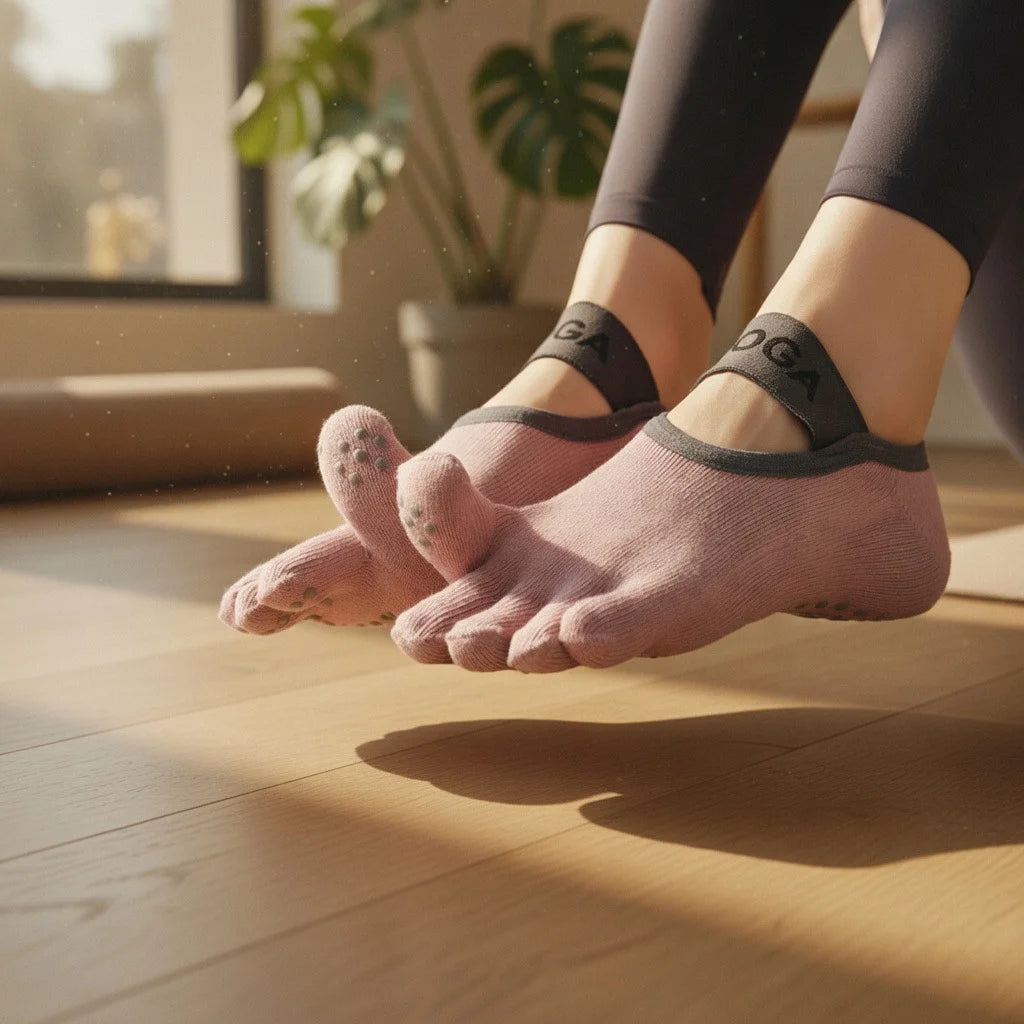 Calcetines de yoga con dedos independientes rosados antideslizantes.