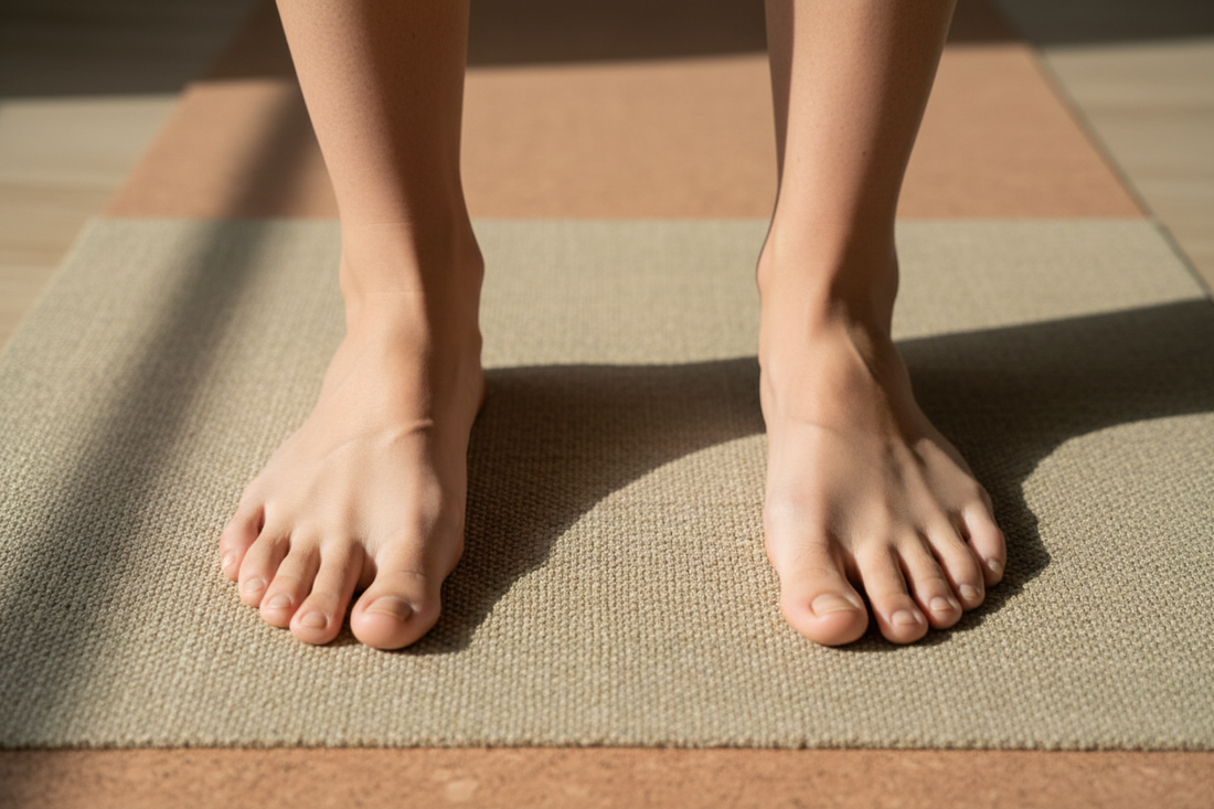 Pies descalzos sobre mat de yoga en tonos tierra — Guía de calcetines antideslizantes Portalyoga