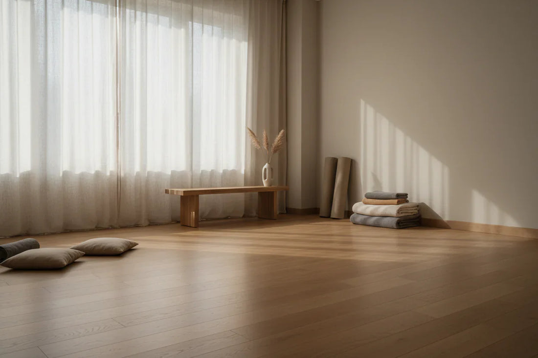 Espacio de yoga minimalista con luz natural para practicar con props como bloques de corcho y bolster