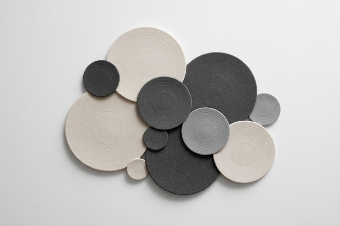 Composición abstracta con formas circulares orgánicas en tonos gris y blanco, evocando la textura del caucho natural para mat de yoga