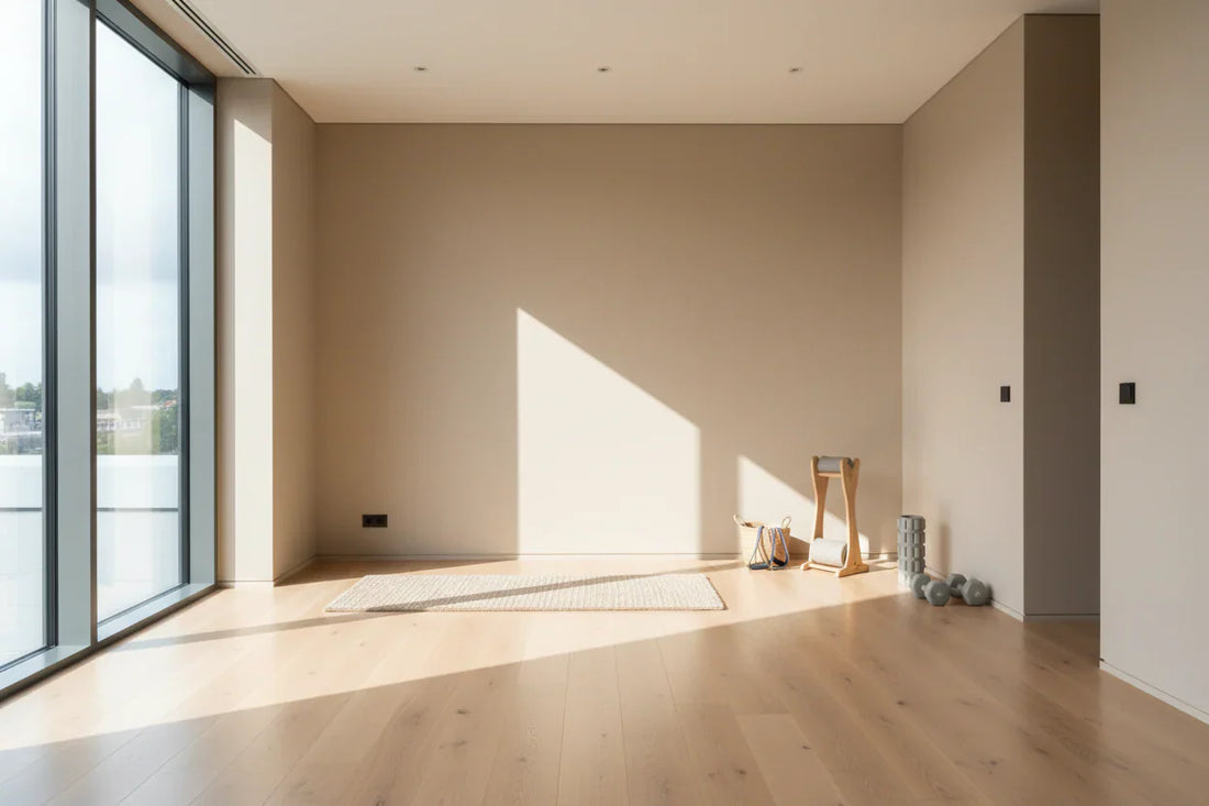 Espacio de fitness en casa minimalista para practicar pilates con mat y accesorios