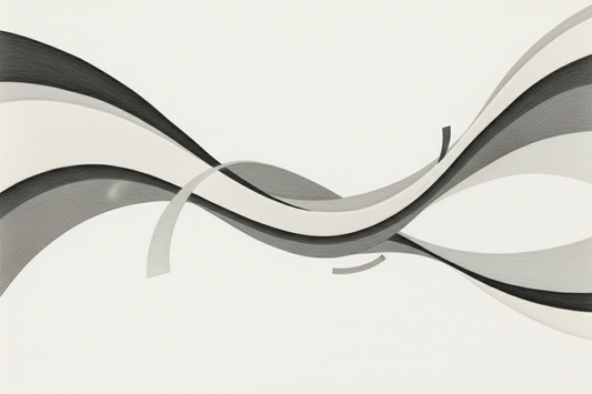 Composición abstracta minimalista con formas de tela y líneas diagonales en tonos gris y blanco, guía de ropa para yoga y fitness