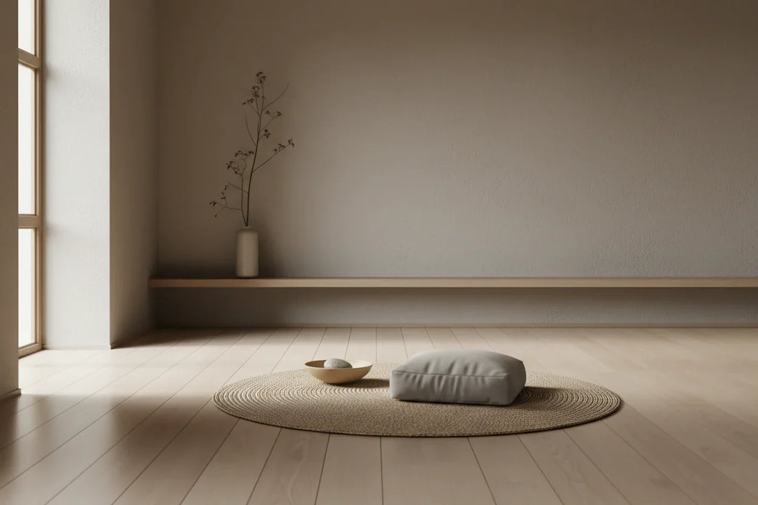 Espacio de meditación minimalista para practicar con zafu y bolster de yoga