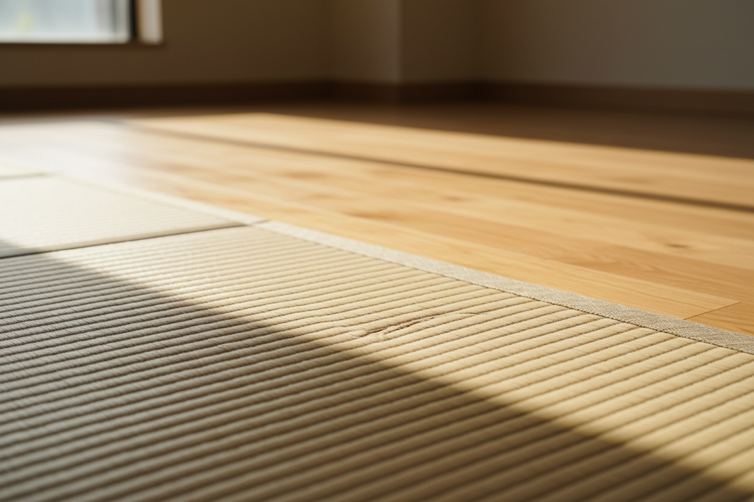 Espacio de meditación vacío con suelo de madera y luz natural — Guía zafu, zabuton y cojín de meditación Portalyoga