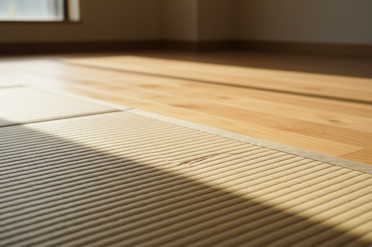 Espacio de meditación vacío con suelo de madera y luz natural — Guía zafu, zabuton y cojín de meditación Portalyoga