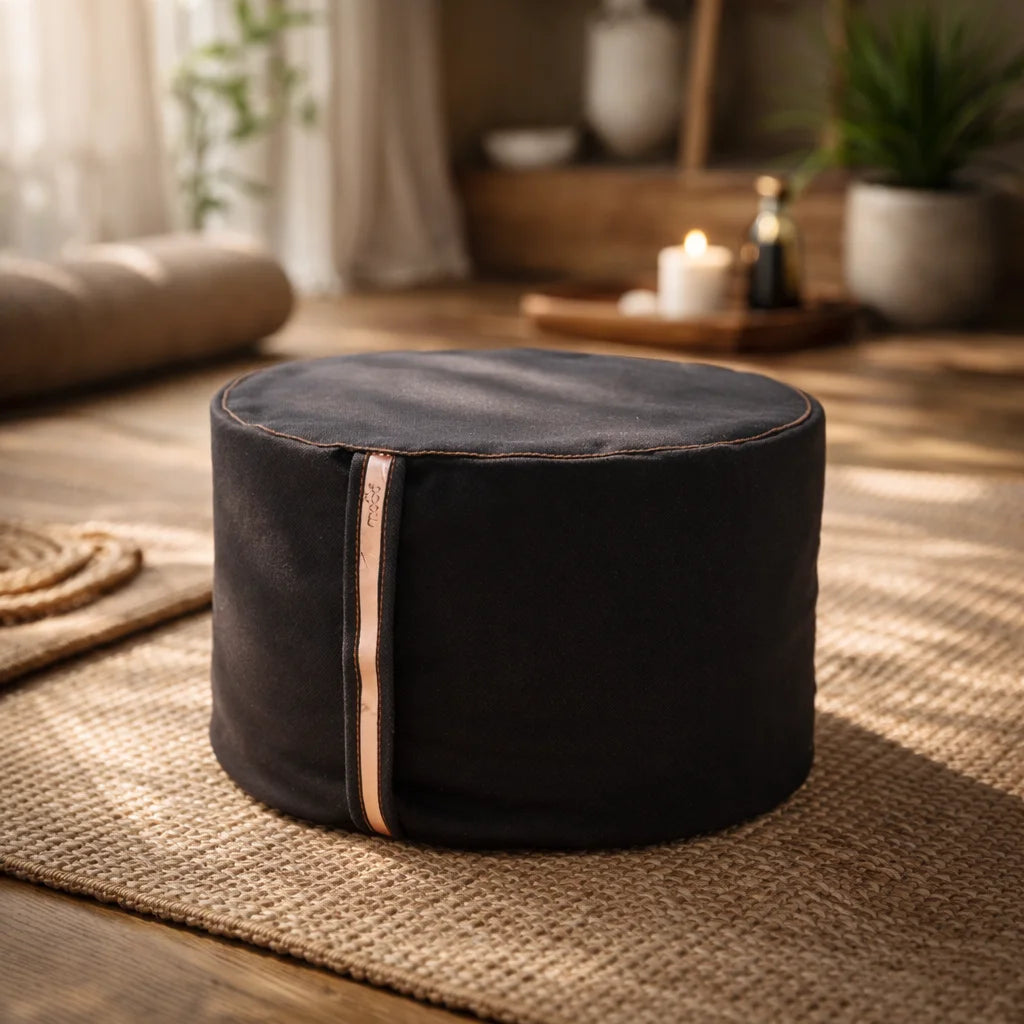 Zafu alto ecosostenible de color negro para meditación y yoga, marca Portalyoga Chile, relleno de cascarilla de arroz natural.