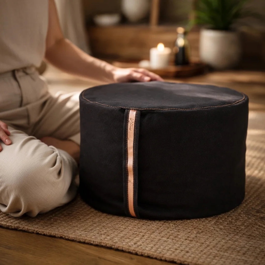 Cojín de meditación tipo zafu alto ergonómico en color negro, ideal para mejorar la postura de la espalda y apertura de caderas.