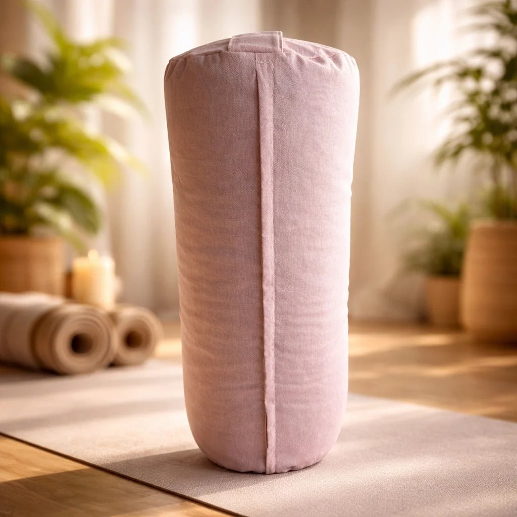 Almohadón cilíndrico para yoga color rosa, tienda online Portal Yoga con envío a todo Chile.