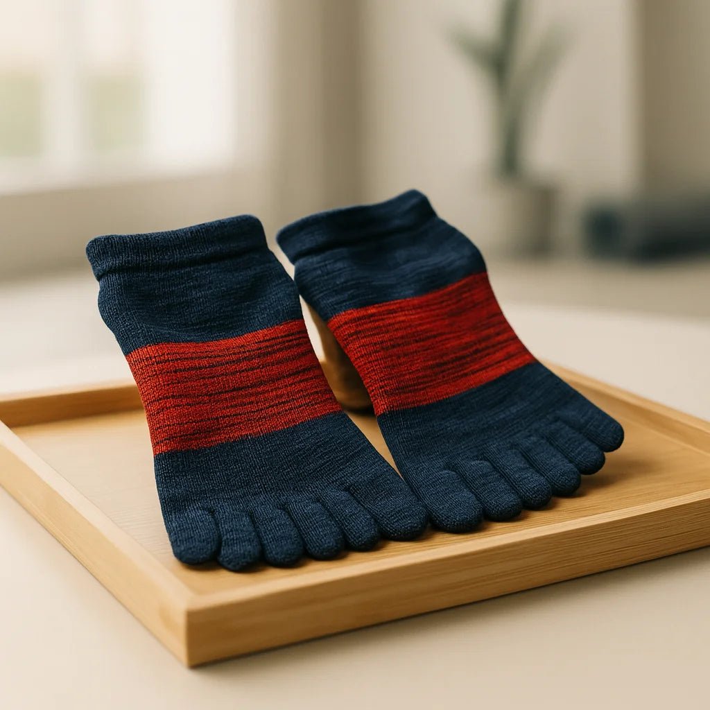 Calcetines de yoga para hombre con separación de dedos en uso durante práctica – Portalyoga Chile