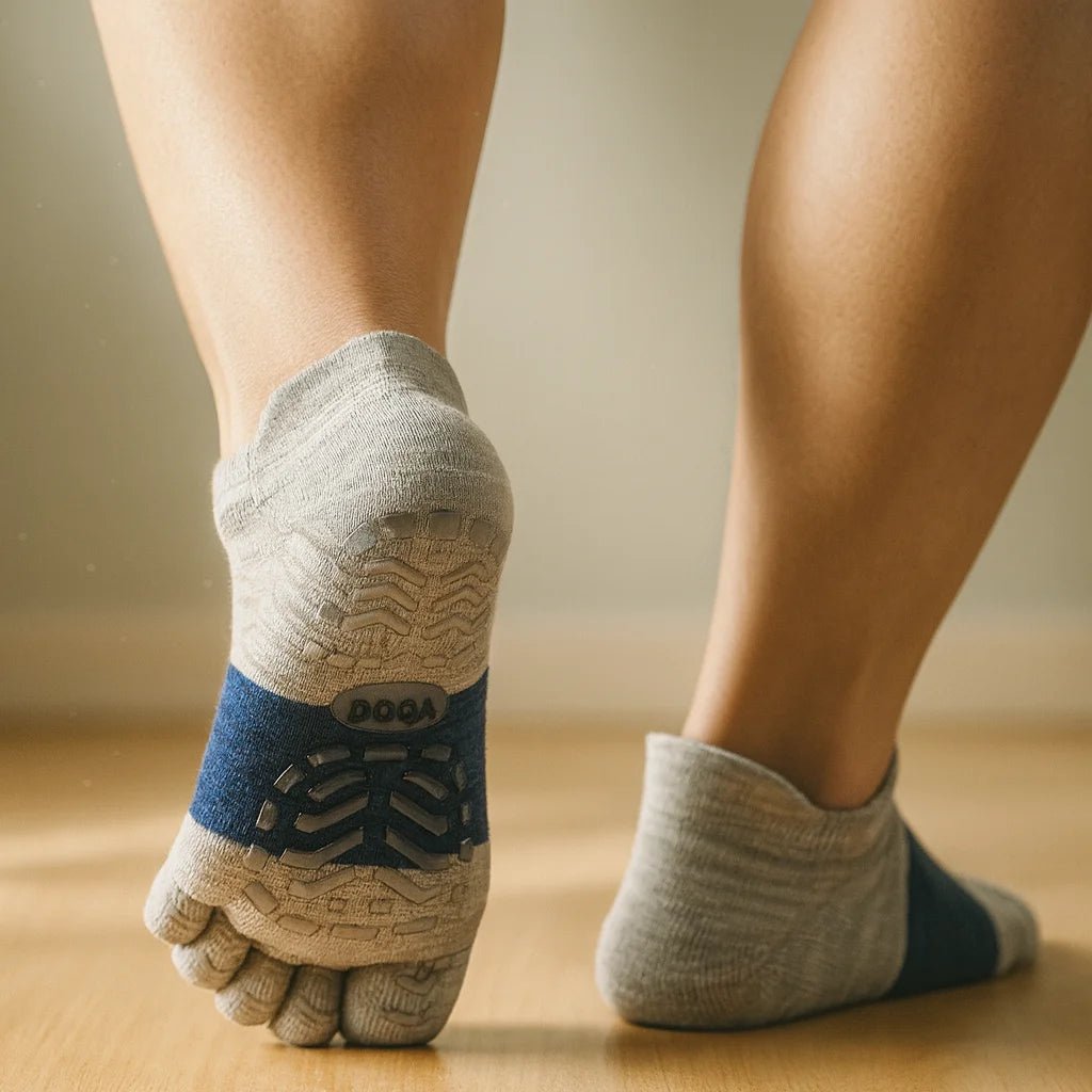 Calcetines de yoga para hombre color gris con separación de dedos en uso durante práctica – Chile