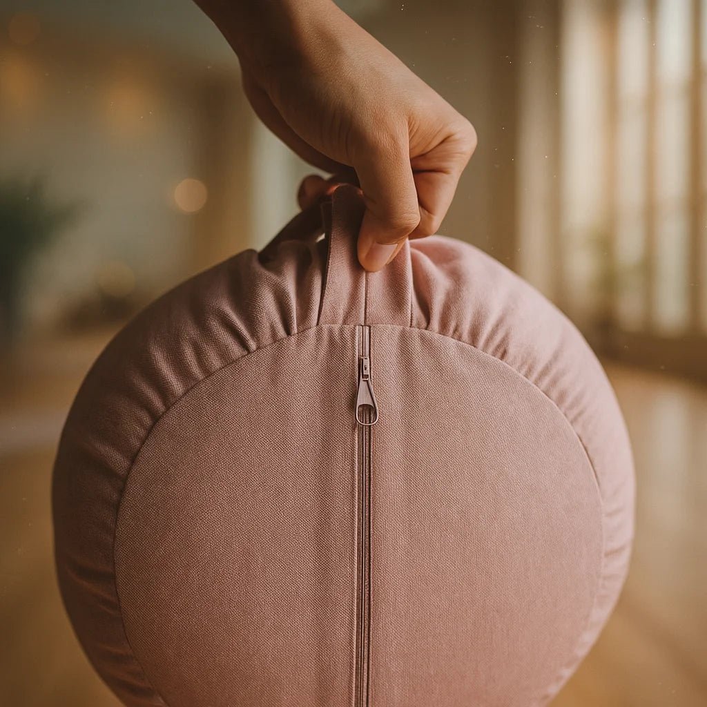 Cojín de meditación zafu color rosa de algodón resistente para práctica de mindfulness y yoga.