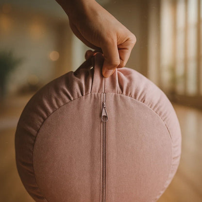Cojín de meditación zafu color rosa de algodón resistente para práctica de mindfulness y yoga.