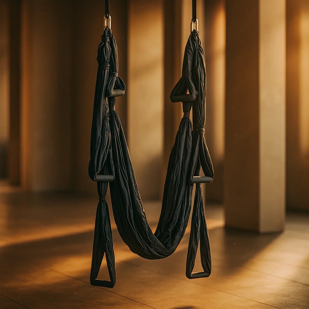 Columpio para yoga aéreo con capacidad de carga de 200kg, incluye 6 estribos acolchados y mosquetones de acero reforzado en color negro.