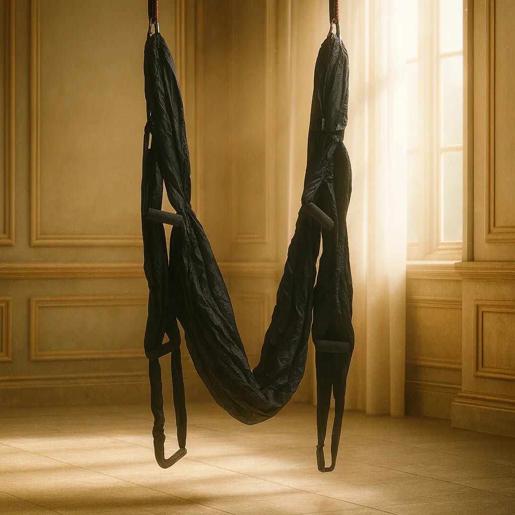 Columpio de AeroYoga Profesional Negro marca Portalyoga, fabricado en tela de paracaídas de alta resistencia para estudios y gimnasios.
