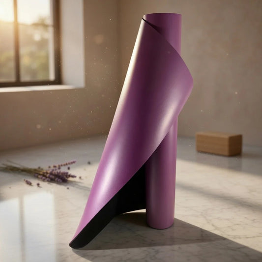 Mat de yoga lila profesional sin líneas superficie lisa antideslizante.