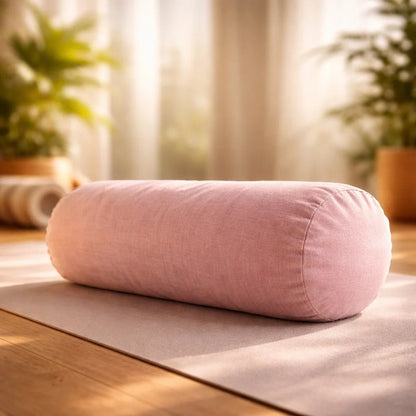 Mejor bolster de yoga ergonómico rosado con asa de transporte y funda lavable de algodón.