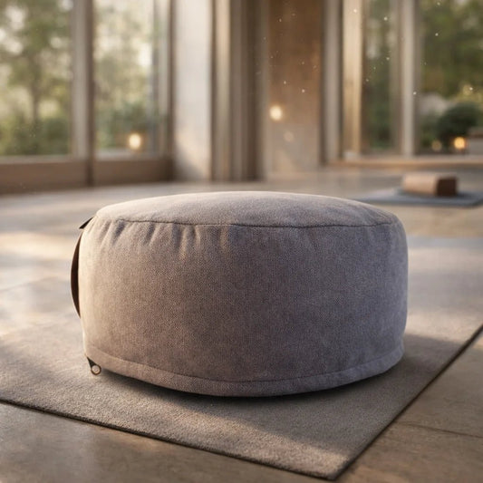 Zafu yoga meditación en lino afelpado rosa, cojín premium con textura suave y relleno ergonómico.