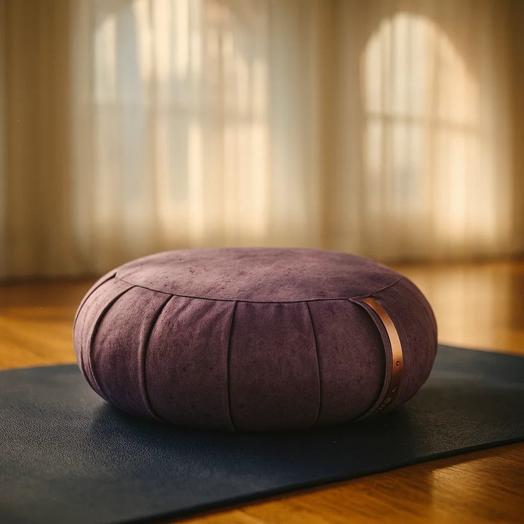 Zafu Clásico Ecosostenible color violeta betarraga de Portal Yoga, cojín de meditación circular fabricado en Chile con algodón reciclado y tinte natural de betarraga.