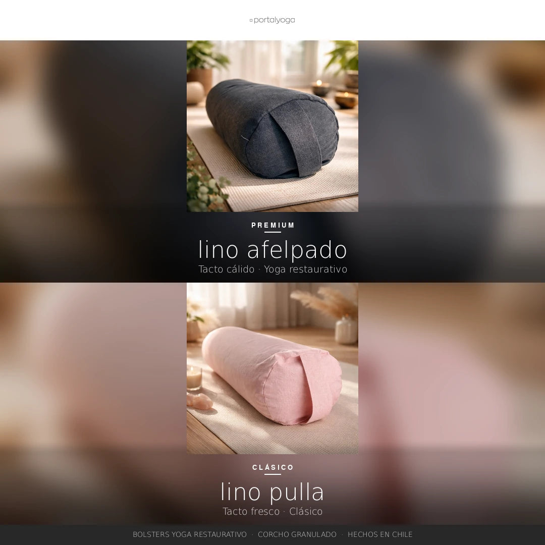 Comparativa bolsters yoga lino afelpado premium y lino pulla – Portalyoga Chile