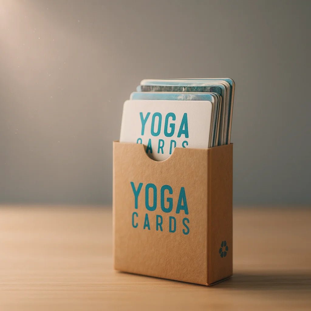 Cerca de carta de yoga mostrando alineación de postura, nombre en sánscrito y beneficios para la salud
