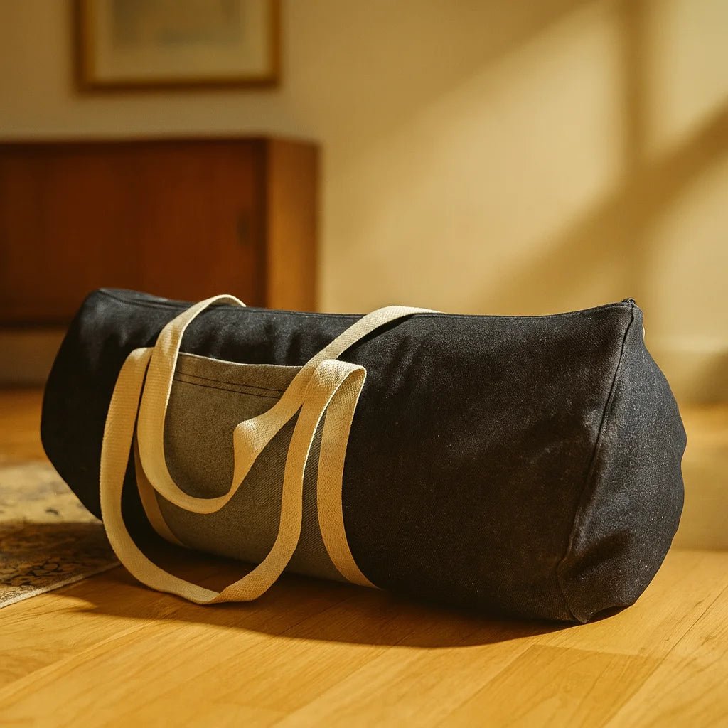 Bolso porta mat de yoga de mezclilla azul con correa ajustable.