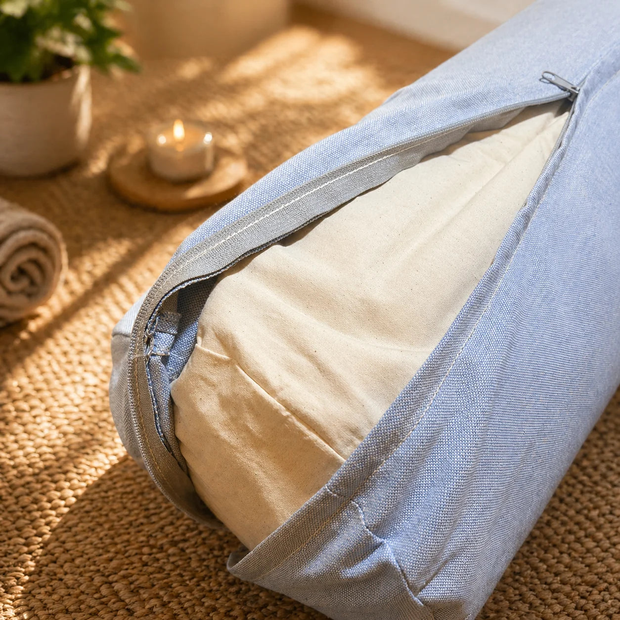 Bolster celeste longitudinal bajo la columna en pranayama apertura de pecho – Portalyoga Chile