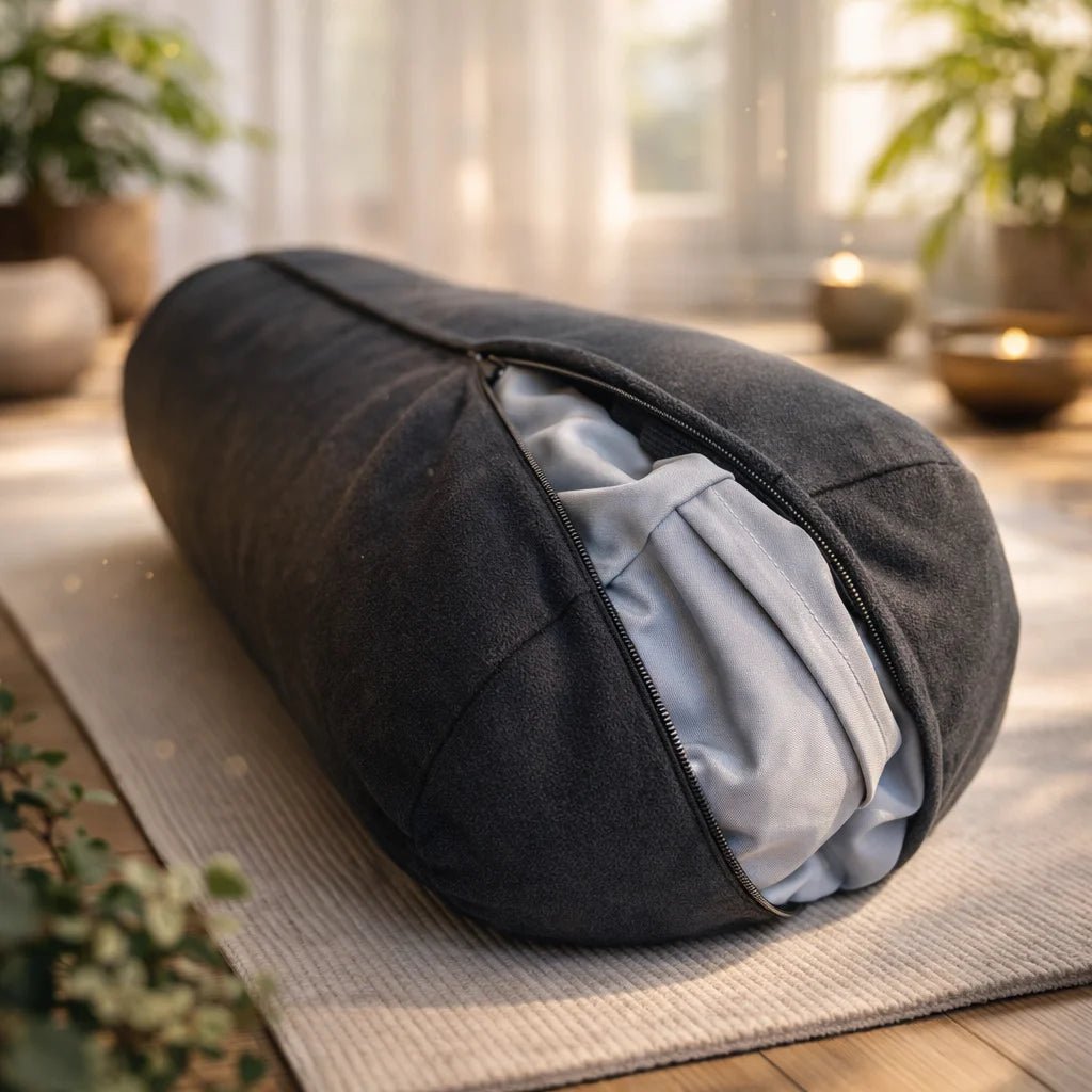 Bolster gris grafito bajo las rodillas en savasana yoga restaurativo lino afelpado – Portalyoga Chile