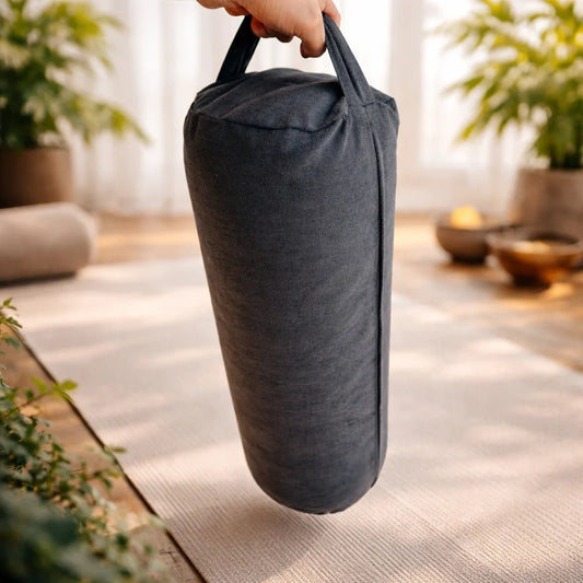 Detalle textura lino afelpado bolster yoga gris grafito tacto cálido – comprar Chile