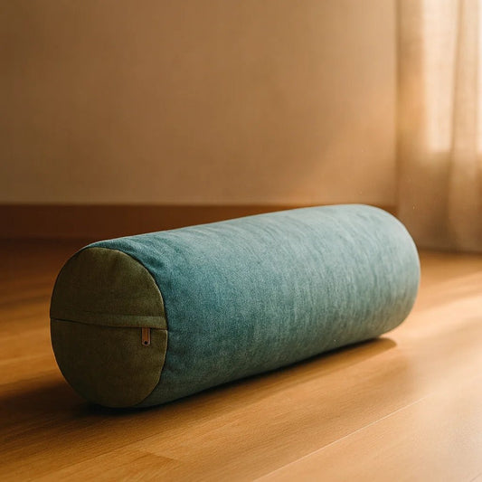 Detalle textura lino afelpado bolster yoga turquesa tacto cálido – comprar Chile
