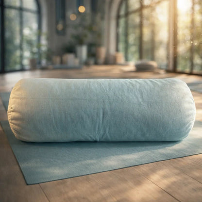 Detalle funda lino pulla y manija bolster yoga verde agua corcho granulado – comprar Chile