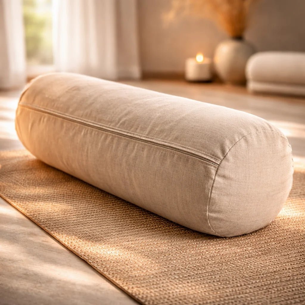 Bolster yoga restaurativo beige corcho granulado 60x23 cm lino pulla – Portalyoga Chile