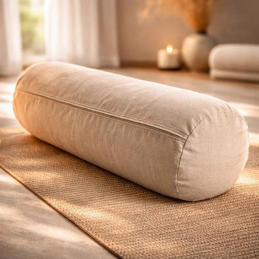 Bolster yoga restaurativo beige corcho granulado 60x23 cm lino pulla – Portalyoga Chile