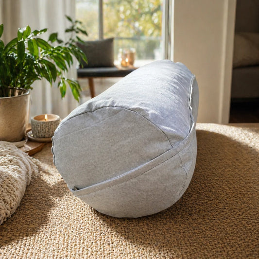 Bolster yoga restaurativo celeste corcho granulado 60x23 cm lino pulla – Portalyoga Chile