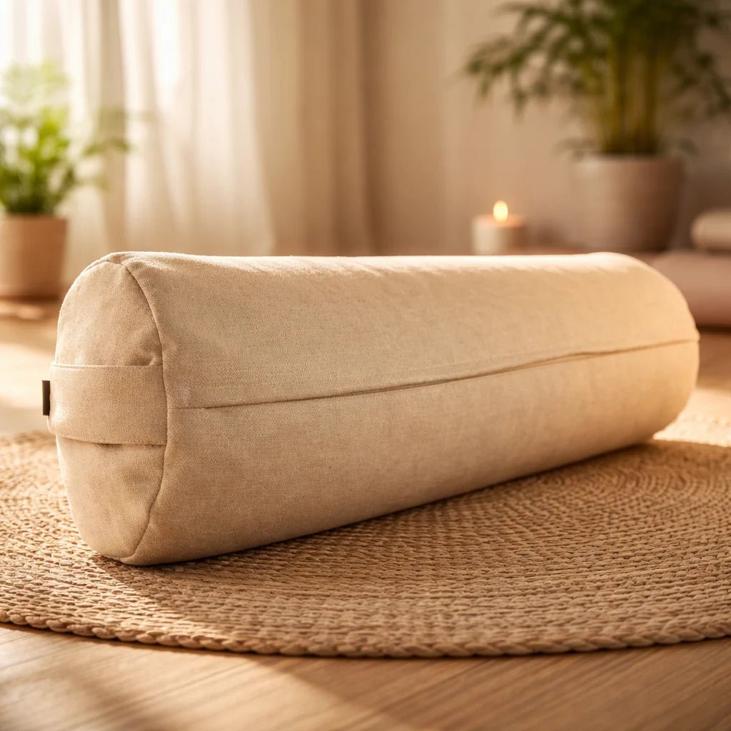 Bolster yoga restaurativo crudo natural lino afelpado premium 60x23 cm – Portalyoga Chile