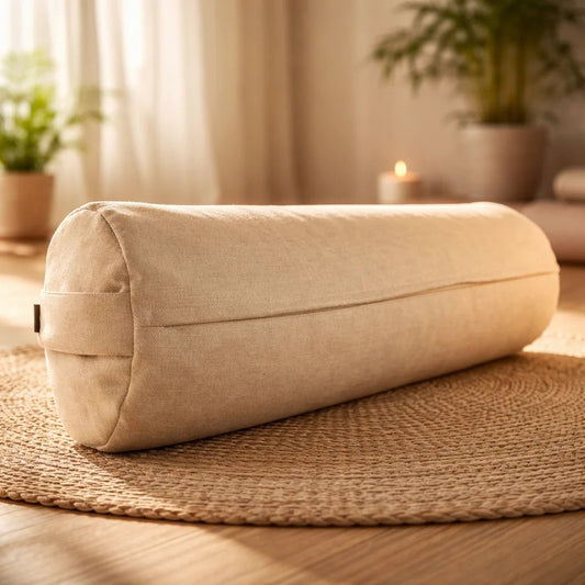 Bolster yoga restaurativo crudo natural lino afelpado premium 60x23 cm – Portalyoga Chile