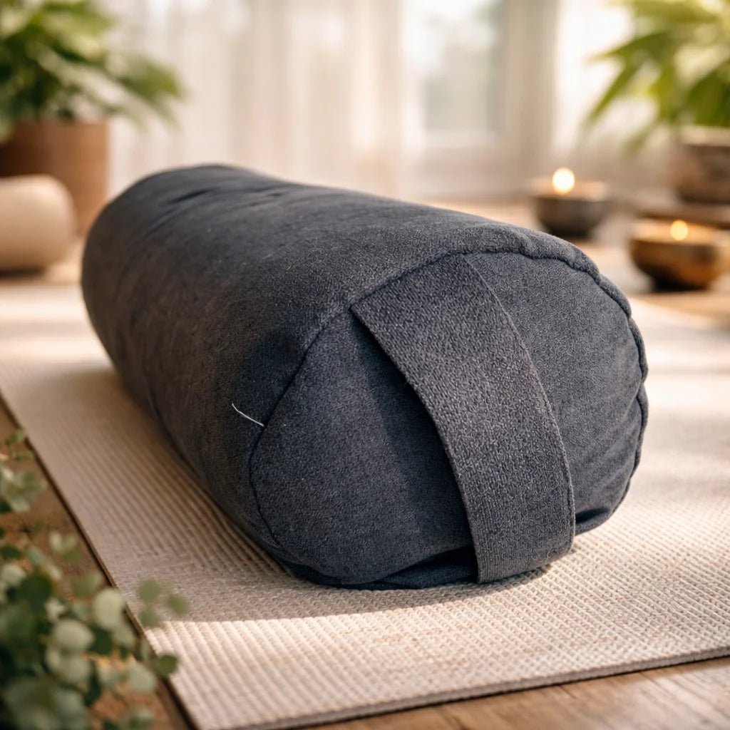 Bolster yoga restaurativo gris grafito lino afelpado premium 60x23 cm – Portalyoga Chile