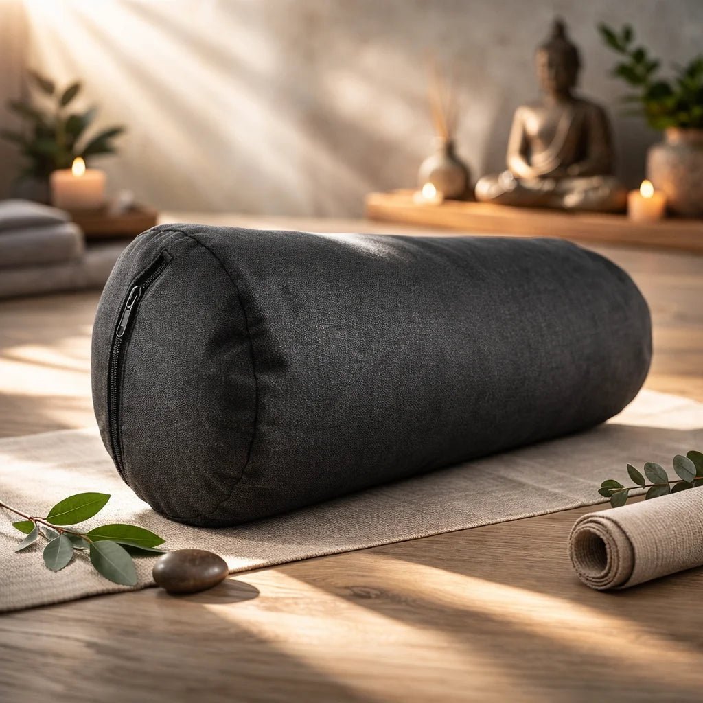 Bolster de yoga profesional en lino afelpado negro para soporte lumbar suave.