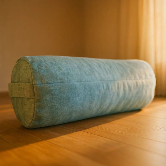 Bolster yoga restaurativo turquesa lino afelpado premium 60x23 cm – Portalyoga Chile