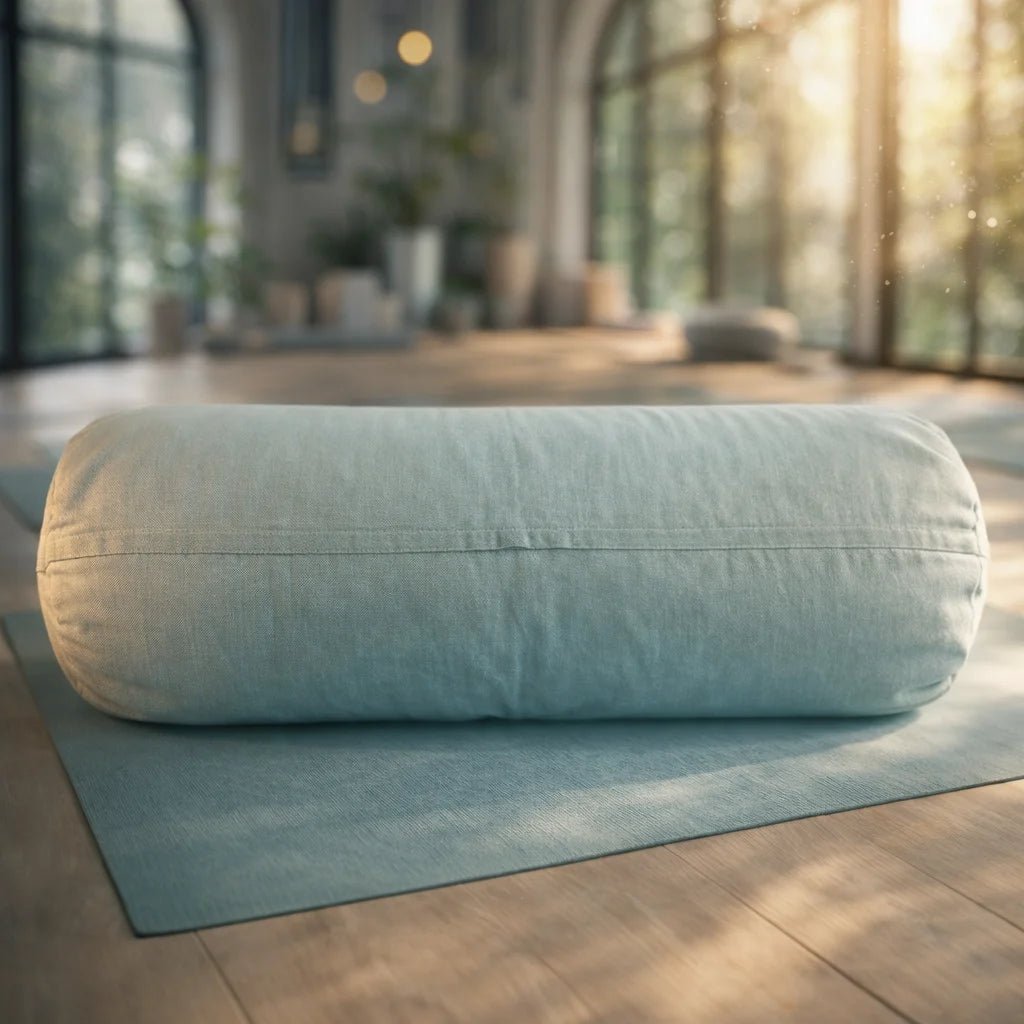 Bolster yoga restaurativo verde agua corcho granulado 60x23 cm lino pulla – Portalyoga Chile