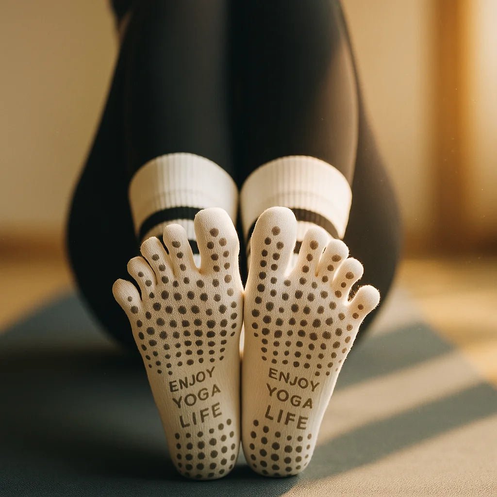 Detalle suela grip silicona 100% calcetines yoga pilates mujer 5 dedos blanco – Portalyoga Chile