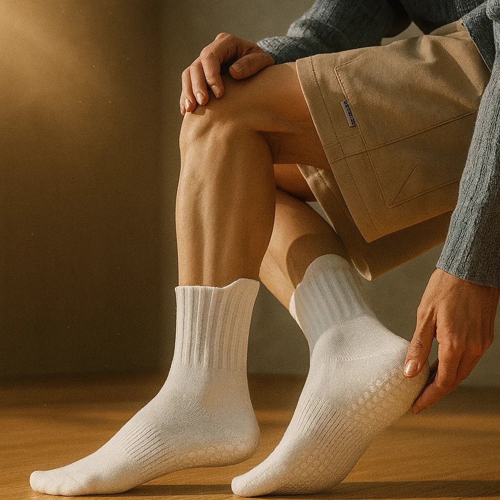 Calcetines yoga hombre blancos puestos sobre mat de yoga – accesorios yoga hombre Chile Portalyoga