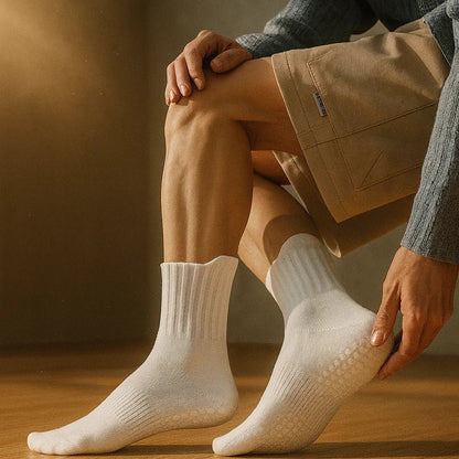 Calcetines yoga hombre blancos puestos sobre mat de yoga – accesorios yoga hombre Chile Portalyoga