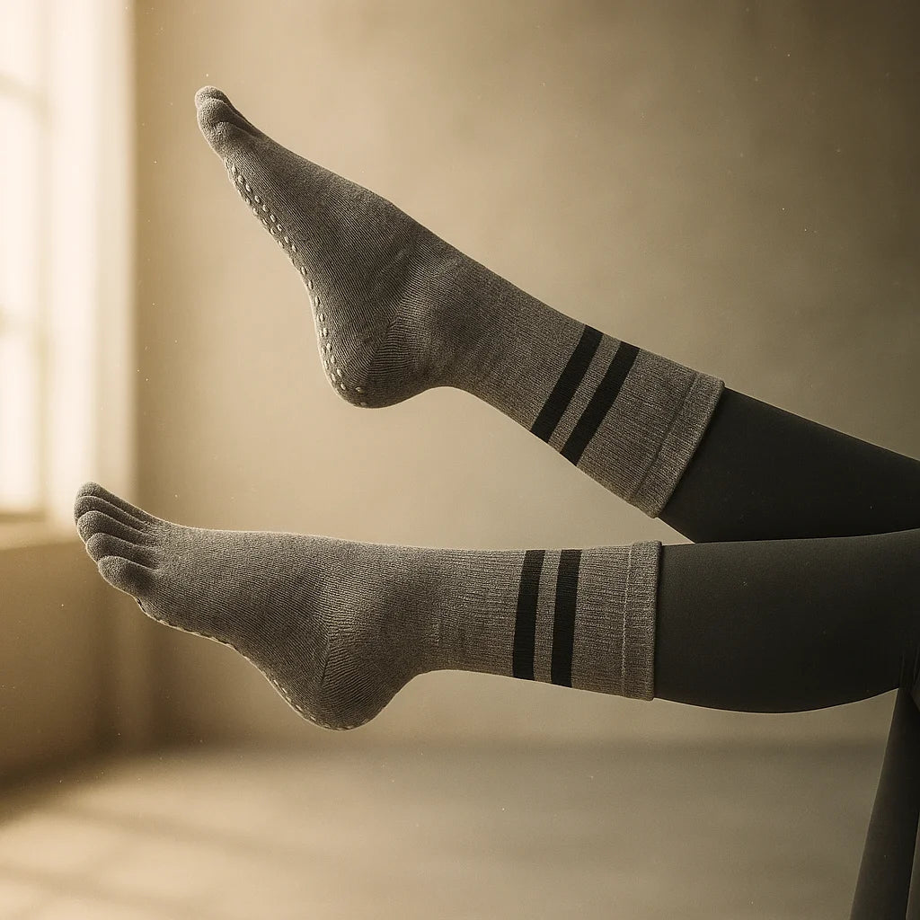 Calcetines yoga mujer 5 dedos antideslizantes tubo medio gris grip silicona talla 35-40 – Portalyoga Chile