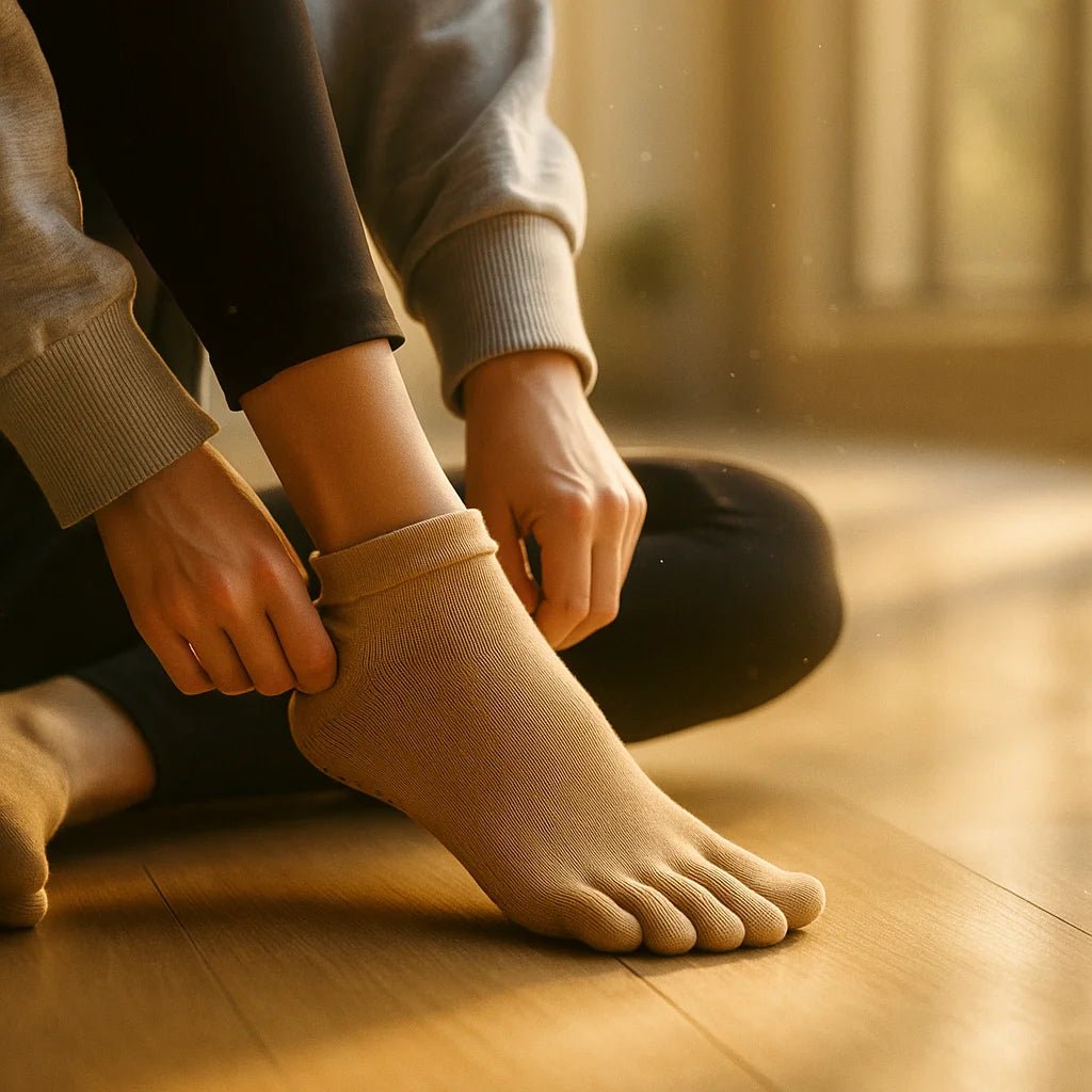 Detalle suela silicona antideslizante calcetines yoga pilates mujer 5 dedos beige – Portalyoga Chile