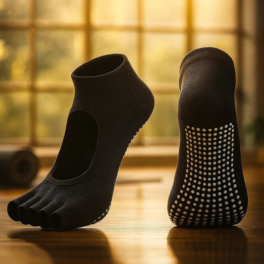 Detalle empeine abierto y suela silicona calcetines yoga pilates mujer 5 dedos negro – Portalyoga Chile