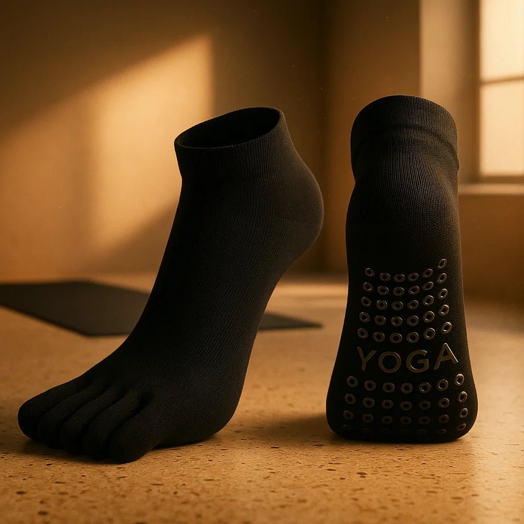 Calcetines yoga mujer 5 dedos negro en uso sobre mat de yoga – pilates ballet barra Chile